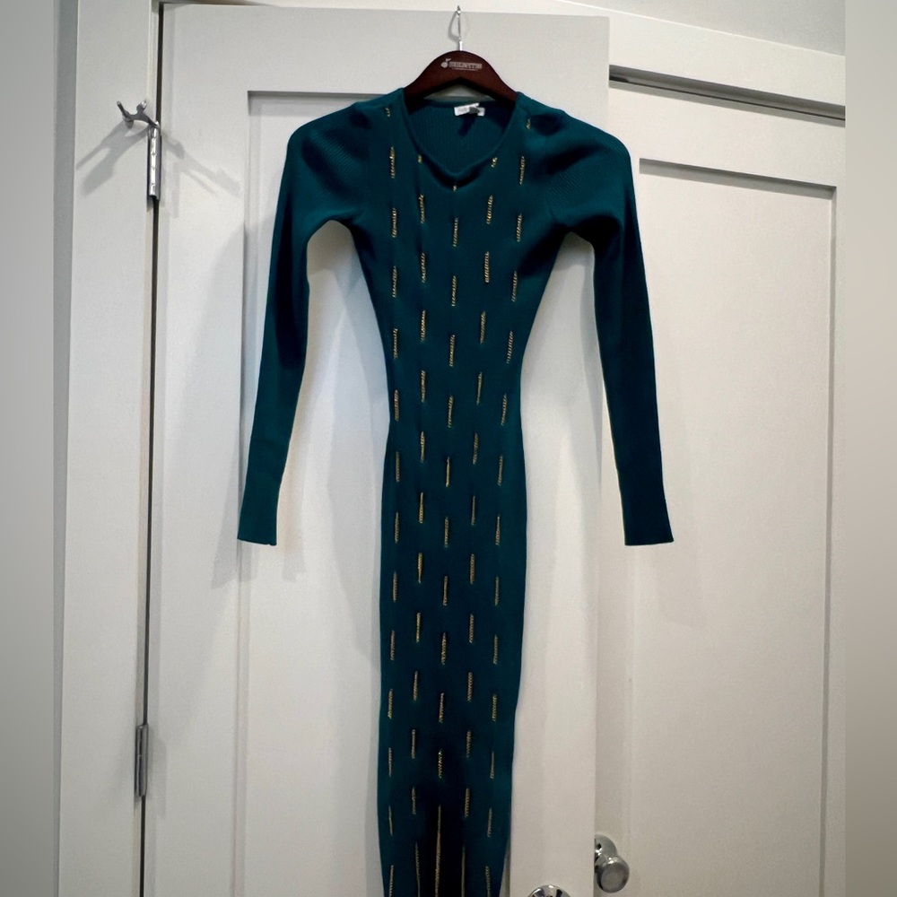 Knit teal midi dress with gold chain accents